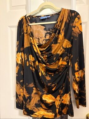 Simply Vera Vera Wang Black and Orange Draped Neck Long-Sleeve Top XL PtP 23-25